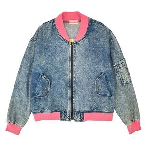 Vintage Reform Medium Wash Blue & Pink Denim Embroidered Loose Fit Bomber Jacket